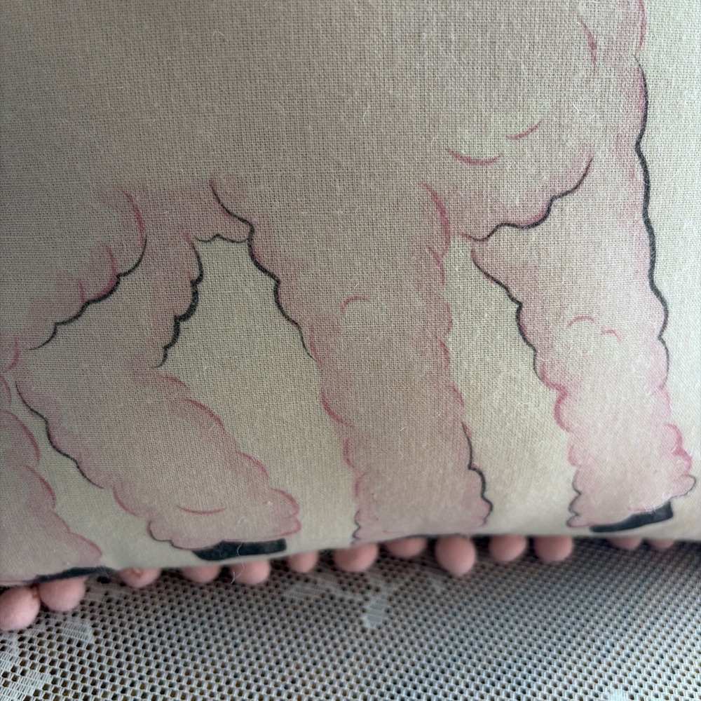 Vintage Inspired Kitschy Lamb Throw Pillow Pink Pom Pom Fringe Square Polka Dots - Picture 13 of 16
